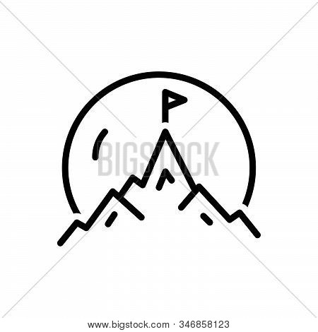 Black Line Icon For Mountaintop Hill Peak Flag Victory Achievement Finished