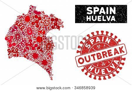 Contagion Collage Huelva Province Map And Red Distressed Stamp Watermark With Outbreak Phrase. Huelv