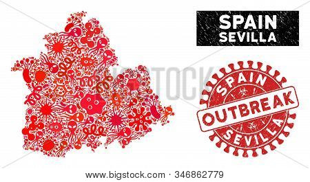 Infected Collage Sevilla Province Map And Red Grunge Stamp Watermark With Outbreak Words. Sevilla Pr