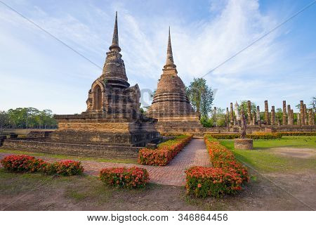 Morning At Ancient Mortars Of The Buddhist Temple Of Wat Sa Si. Historical Park Of The Sukhothai, Th