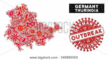 Biohazard Collage Thuringia Land Map And Red Corroded Stamp Watermark With Outbreak Caption. Thuring