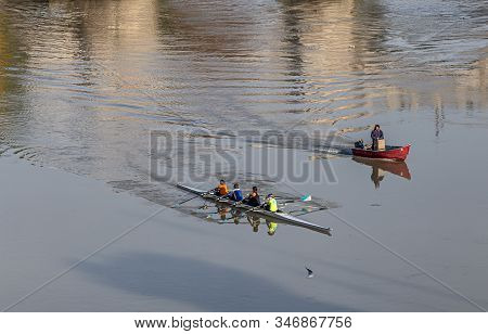 Rome, Italy - December 06, 2019:  Group Of People Training On Kayak. Sightseeing Boat Floating Near 