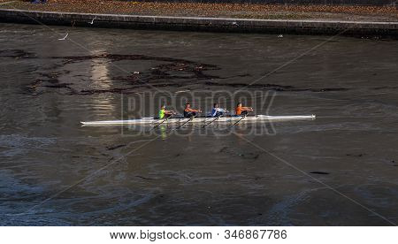 Rome, Italy - December 06, 2019:  Group Of People Training On Kayak. Sightseeing Boat Floating Near 
