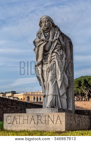 Rome, Italy - December 06, 2019:  The Monument To Catherine Of Siena ( Catharina Senesis ) At Sant A