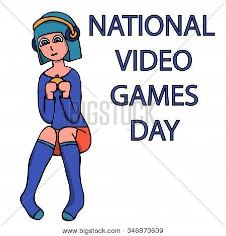 Sign For National Video Games Day With A Girl Gamer With Blue Hair And A Gamepad. White Background I