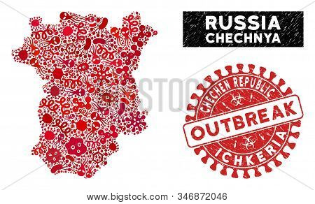 Epidemic Collage Chechnya Map And Red Corroded Stamp Watermark With Outbreak Phrase. Chechnya Map Co