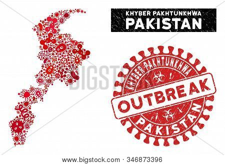 Contagious Collage Khyber Pakhtunkhwa Province Map And Red Corroded Stamp Seal With Outbreak Badge. 