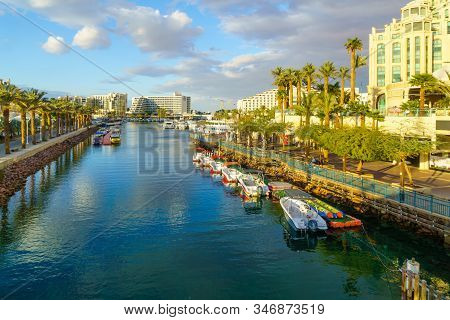 Eilat, Israel - January 17, 2020: View Of The Marina And Hotels, With Locals And Visitors, In Eilat,