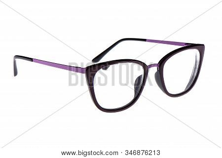 Glasses In A Violet Metallic Frame Isolated On A White Background. Glasses With Plastic Earhooks. Co