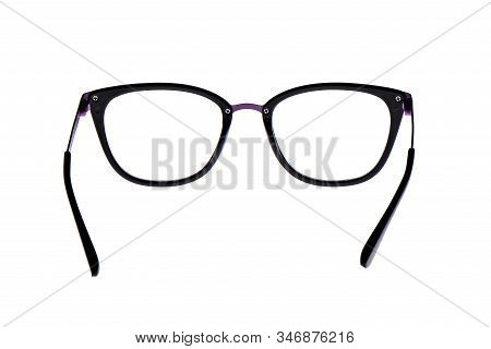 Glasses In A Violet Metallic Frame Isolated On A White Background. Glasses With Plastic Earhooks. Co