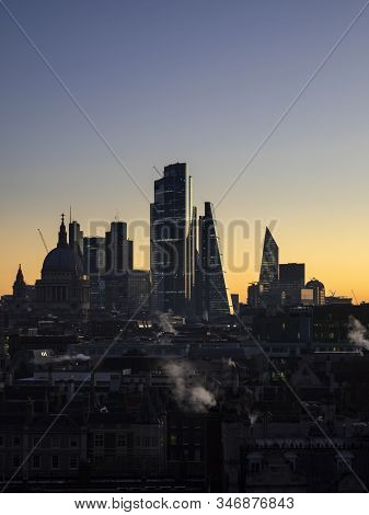 Majestic Dawn Sunrise Landscape Cityscape Over London City Sykline Looking East Along River Thames