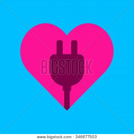Love Heart Icon With Electric Cable Plug. Romantic Love Heart Isolated On Light Blue Background. Val