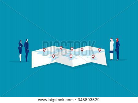 Team Business Machine Trad On Map Export And Import Concept Vector.