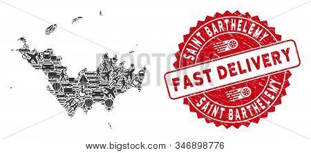 Shipping Collage Saint Barthelemy Map And Grunge Stamp Seal With Fast Delivery Message. Saint Barthe