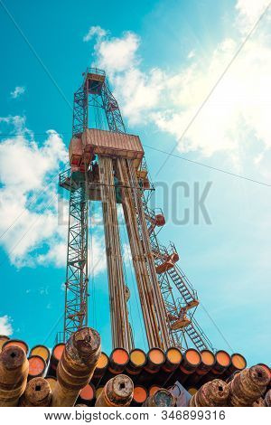 Drilling Rig In Oil Field For Drilled Into Subsurface In Order To Produced Crude, Inside View. Petro