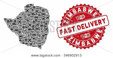 Transport Collage Zimbabwe Map And Corroded Stamp Watermark With Fast Delivery Caption. Zimbabwe Map