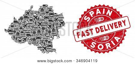 Shipping Collage Soria Province Map And Grunge Stamp Seal With Fast Delivery Words. Soria Province M