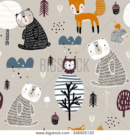 Semless Woodland Pattern With Cute Bear, Hedgehog, Owl, Fox And Hand Drawn Elements. Scandinaviann S