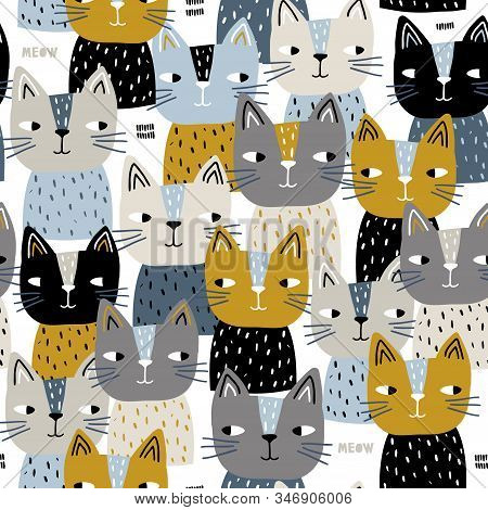 Semless Trendy Pattern With Cute Cats. Scandinaviann Style Childish Texture For Fabric, Textile, App