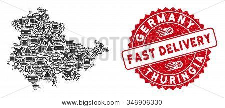 Deliver Collage Thuringia Land Map And Grunge Stamp Seal With Fast Delivery Message. Thuringia Land 