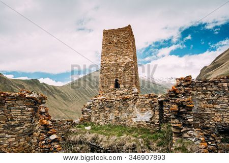 Ancient Stone Fortress On Mountain Background Near Karatkau Village, Kazbegi District, Mtskheta-mtia