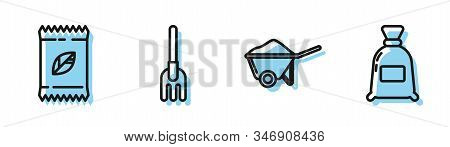 Set Line Wheelbarrow With Dirt, A Pack Full Of Seeds Of A Specific Plant, Garden Rake And Bag Of Flo