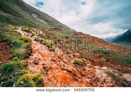 Mtskheta-mtianeti Region, Georgia. Spring Landscape With Mineral Springs On Ground In Truso Gorge In