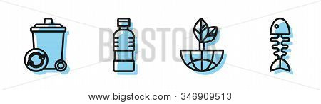 Set Line Earth Globe And Leaf, Recycle Bin With Recycle Symbol, Bottle Of Water And Fish Skeleton Ic