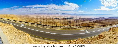 Panoramic Landscape Of The Arava Desert From Mount Ayit Lookout. Southern Israel