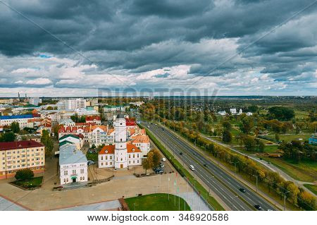 Mahiliou, Belarus. Mogilev Cityscape With Famous Landmark - 17th-century Town Hall. Aerial View Of S
