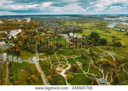 Mahiliou, Belarus. Mogilev Cityscape With Famous Landmark St. Nicholas Monastery. Aerial View Of Sky