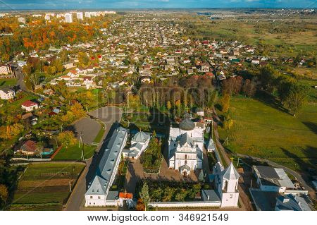 Mahiliou, Belarus. Mogilev Cityscape With Famous Landmark St. Nicholas Monastery. Aerial View Of Sky