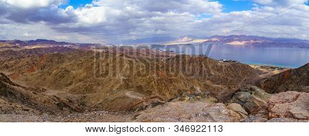 Panoramic View Of Mount Tzfahot And The Gulf Of Aqaba. Eilat Mountains, Southern Israel And Jordan