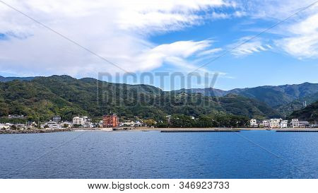 Landscape View Of Mountain Over Blue Sky And White Cloud From The Ferry Boat In The Ocean At Suruga 