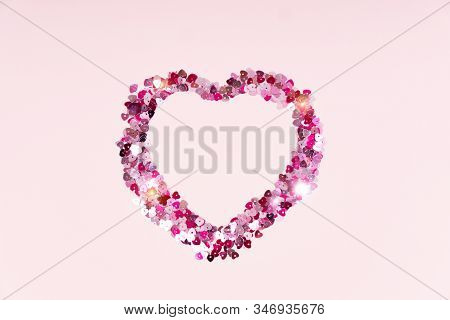 Conffeti Hearts On A Pink Pastel Trendy Background Valentines Day Festive Background