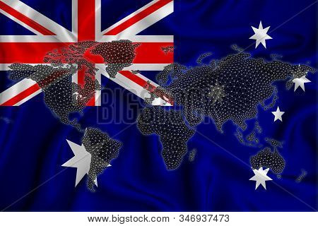 Map Of The World From The Blockchain Network On The Background Of The Flag Of Australia. Australia C