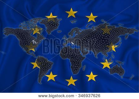 World Map From Blockchain Network On The Background Of The Flag Of The European Union. The Concept O