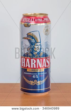 Pruszcz Gdanski, Poland - January 21, 2020: Can Of Harnas Lager Beer On Wooden Table.