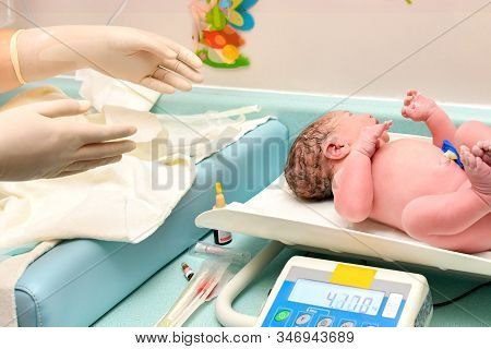 A Nurse Weighs On The Scales Of A Newborn Baby