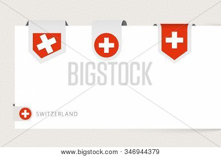 Label Flag Collection Of Switzerland In Different Shape. Ribbon Flag Template Of Switzerland Hanging