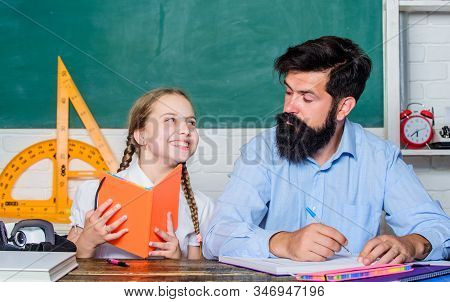 Lesson Is Finished. Discipline Upbringing. Man Bearded Pedagogue Study Together With Kid. Study Is F