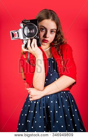 Professional Camera. Girl With Retro Camera. Capture Moments. Slr Camera. Learn Use Presets. Courses