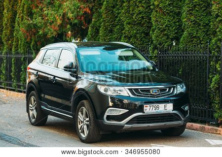 Grodno, Belarus - October 16, 2019: Black Geely Boyue Geely Atlas Car Parking At Street. The Geely B