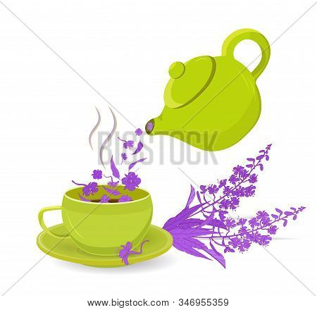 Vector Illustration With Green Teapot And A Mug Of Herbal Tea With Fireweed Flowers. Vector