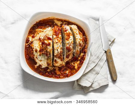 Turkey Tomato Sauce Mozzarella Cheese Meatloaf In A Baking Dish On A Light Background, Top View