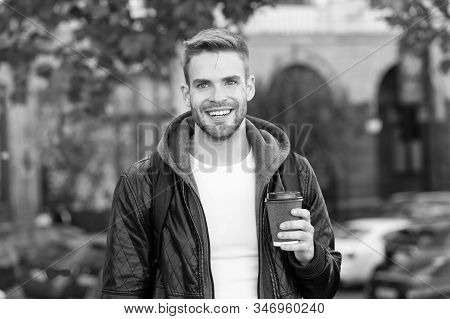 Happy Morning. Hipster Hold Paper Coffee Cup. Coffee Break. Drink It On Go. Man Smiling Cheerful Hip