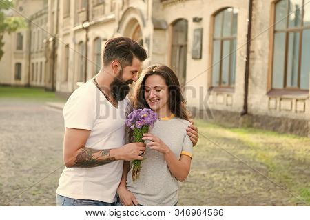 Expressing Feelings. Woman Enjoy Fragrance Bouquet Flowers. Lady Likes Flower Husband Gifted Her. Co