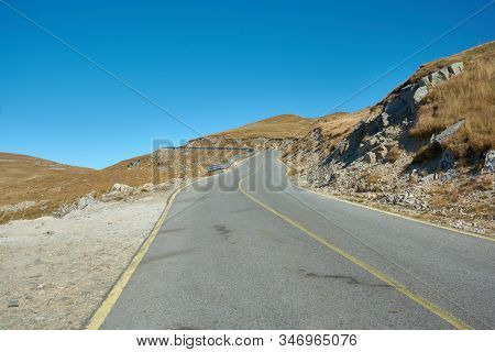 View Of Transalpina Tourist Highway And Plateau In Mountains Of Romania. Tourist Mountain Road. Autu