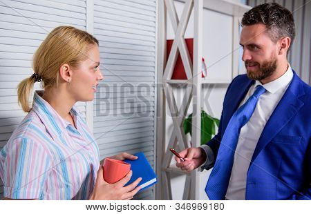 Love Affair At Work. Business Couple. Handsome Man Speak To Cute Woman In Office. Office Life. Boss 