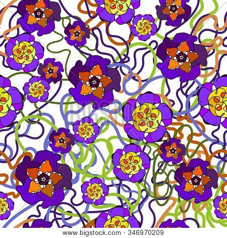 Floral Pattern In Bright Colors, Yellow, Red, Purple, Green, White. Drawing Of Painted Flowers With 